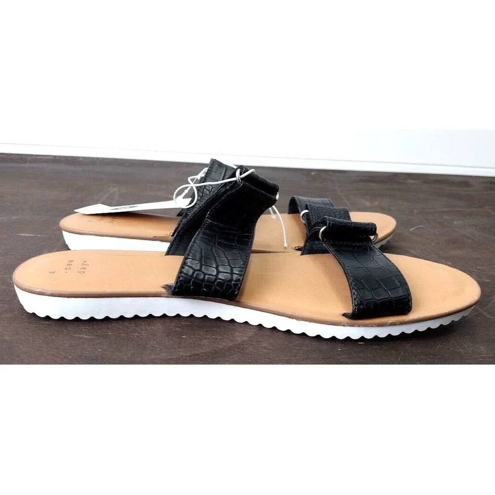 A New Day Womens Black Faux Crocodile Double‎ Strap Slide Sandals Size 9